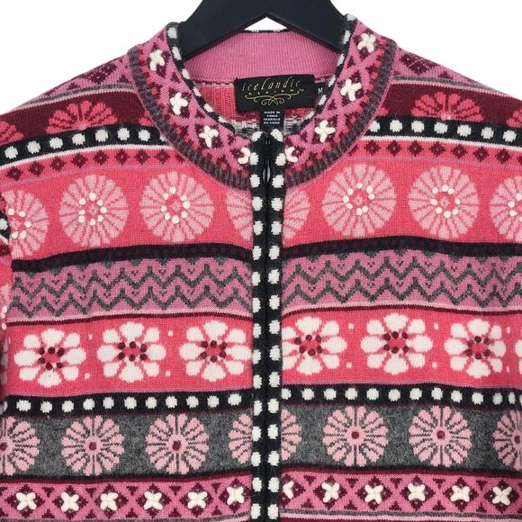Islandic Design Angora Blend Cardigan Sweater Medium Crochet Floral Fair Isle - Picture 2 of 12